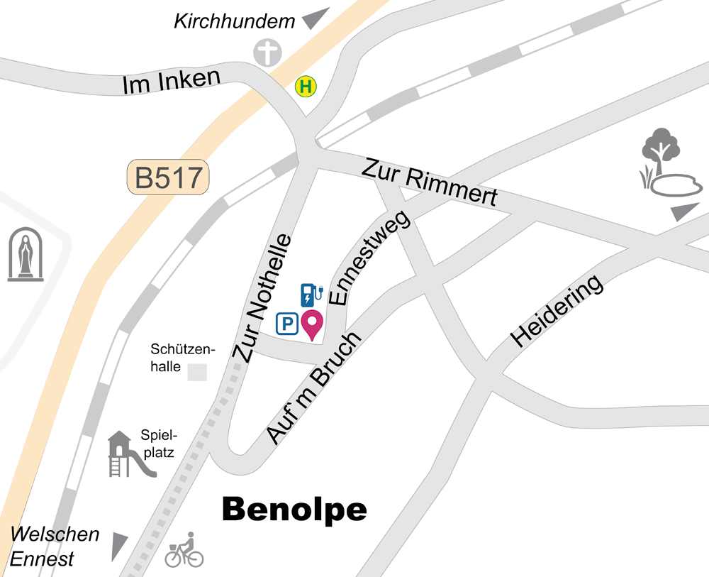 Karte Nahraum von Kirchhundem-Benolpe rund um Ferienwohnung in Eibens Fachwerkhaus. Eingeszeichnet sind Parkplatz und Wallbox, der Spielplatz Benolpe, die Mariengrotte und die Richtung zum Fischteich der Gastgeber.