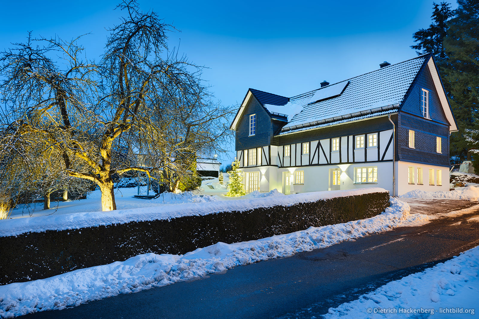 Abendstimmung im Winter mit beleuchtetem Obstbaum. Sauerland Ferienhaus - Fachwerkhaus Eiben, Benolpe