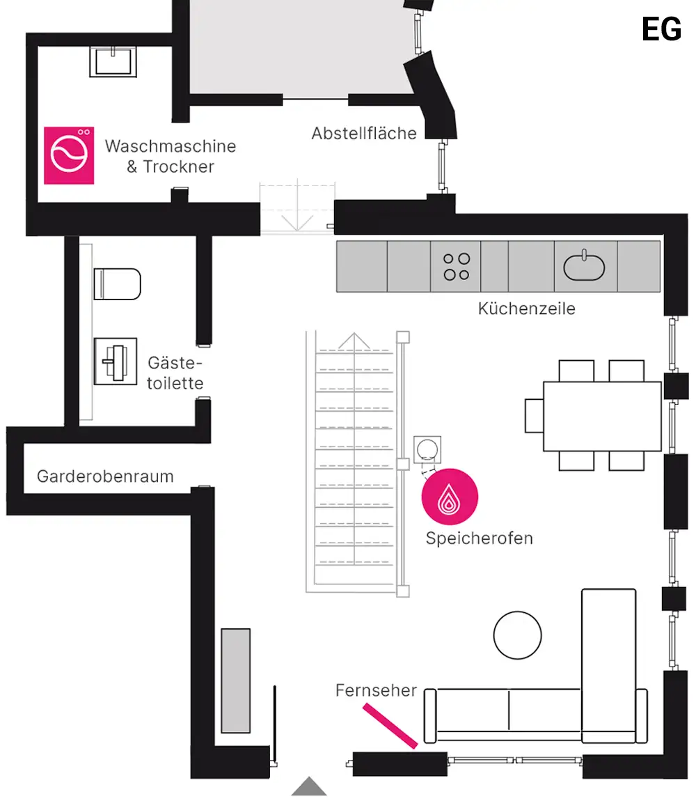 Plan Erdgeschoss Ferienwohnung Eibens Fachwerkhaus, Benolpe mit Möblierung