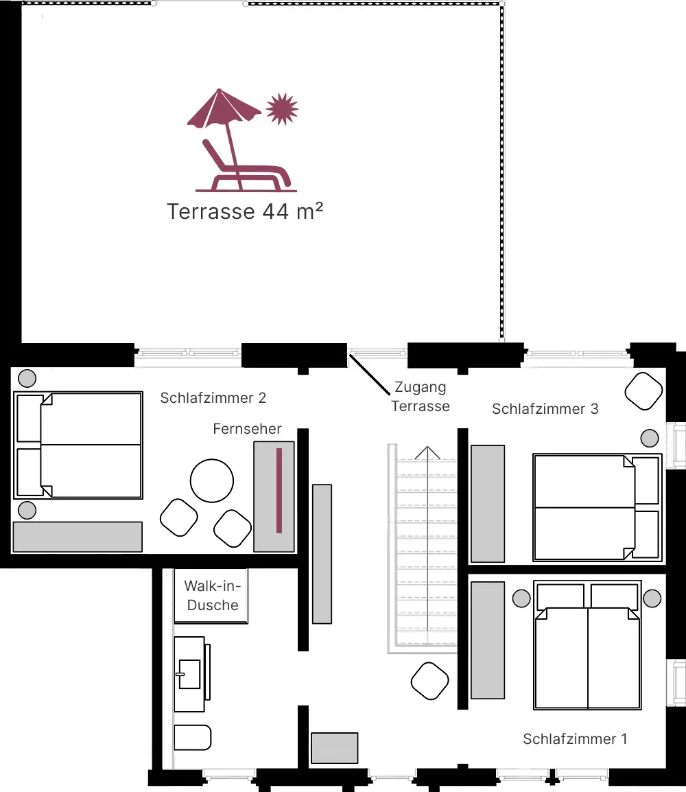 Plan 1. Obergeschoss Ferienwohnung Eibens Fachwerkhaus, Benolpe mit Möblierung und Ansicht Terrasse