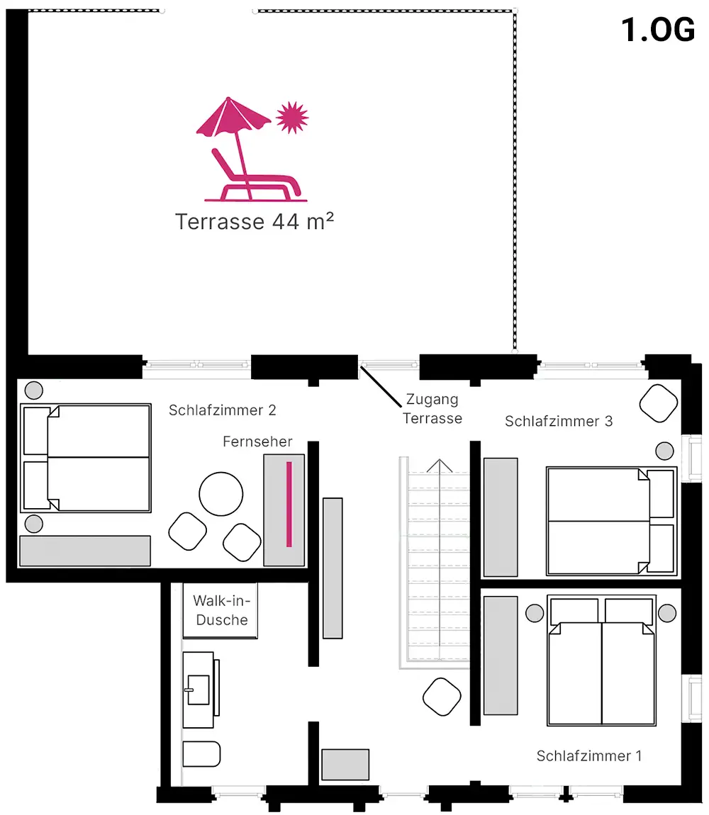 Plan 1. Obergeschoss Ferienwohnung Eibens Fachwerkhaus, Benolpe mit Möblierung und Ansicht Terrasse