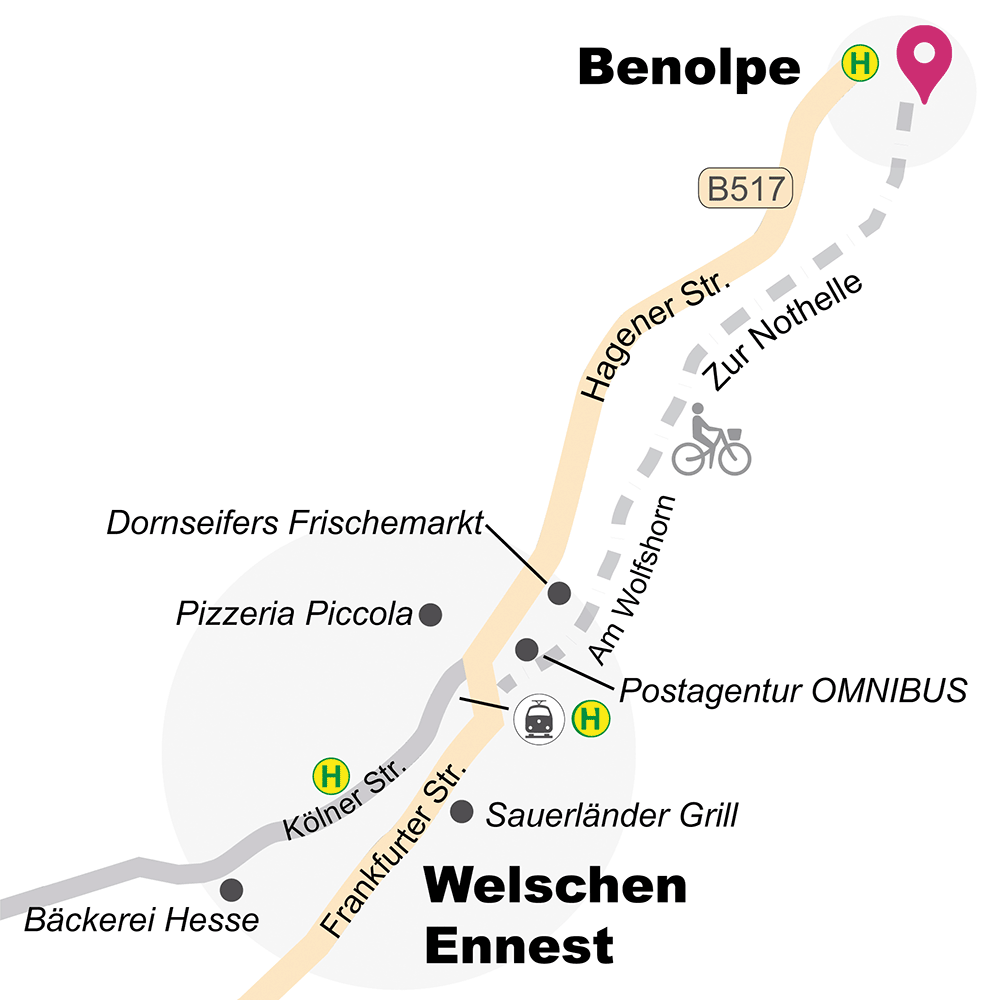 Karte Benolpe und Welschen Ennest mit Gastronomie und Einkaufsmöglichkeiten