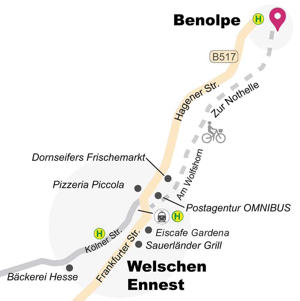 Karte Benolpe und Welschen Ennest mit Gastronomie und Einkaufsmöglichkeiten