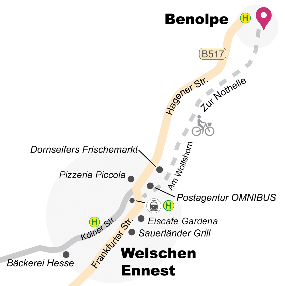 Umgebungskarte Kirchhundem-Benolpe und Welschen Ennest mit ÖPNV, Gastronomie, Bäckereien und Supermärkten nahe der Ferienwohnung im Sauerland. Der verbindende Radweg ist eingezeichnet.