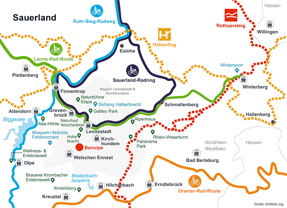 Karte Sauerland mit Rad- und Wanderwegen, Bahnhöfen und Reisezielen, besonders markiert ist Benolpe - © Hackenberg - lichtbild.org