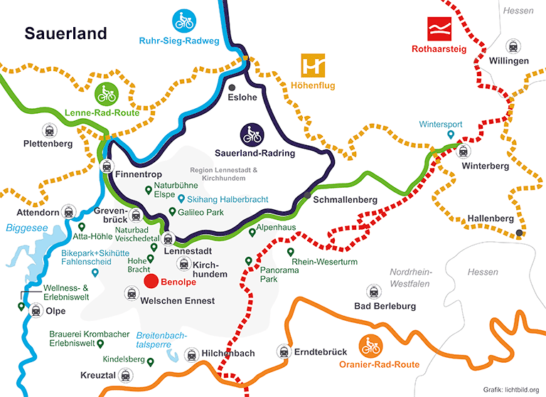 Karte Sauerland mit Rad- und Wanderwegen, Bahnhöfen und Reisezielen, besonders markiert ist Benolpe - © Hackenberg - lichtbild.org